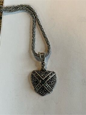 Sterling Silver Heart Pendant Necklace with Marcasite Detailing. Nice chain 20”